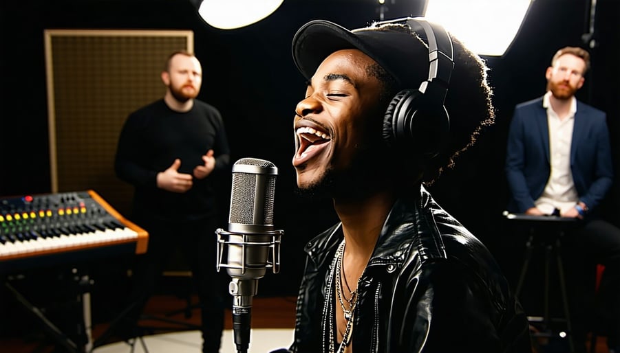 Generate a photo of a music artist singing at the mic in a classy music recording studio with the assistance of 2 producers directing in the background-1
