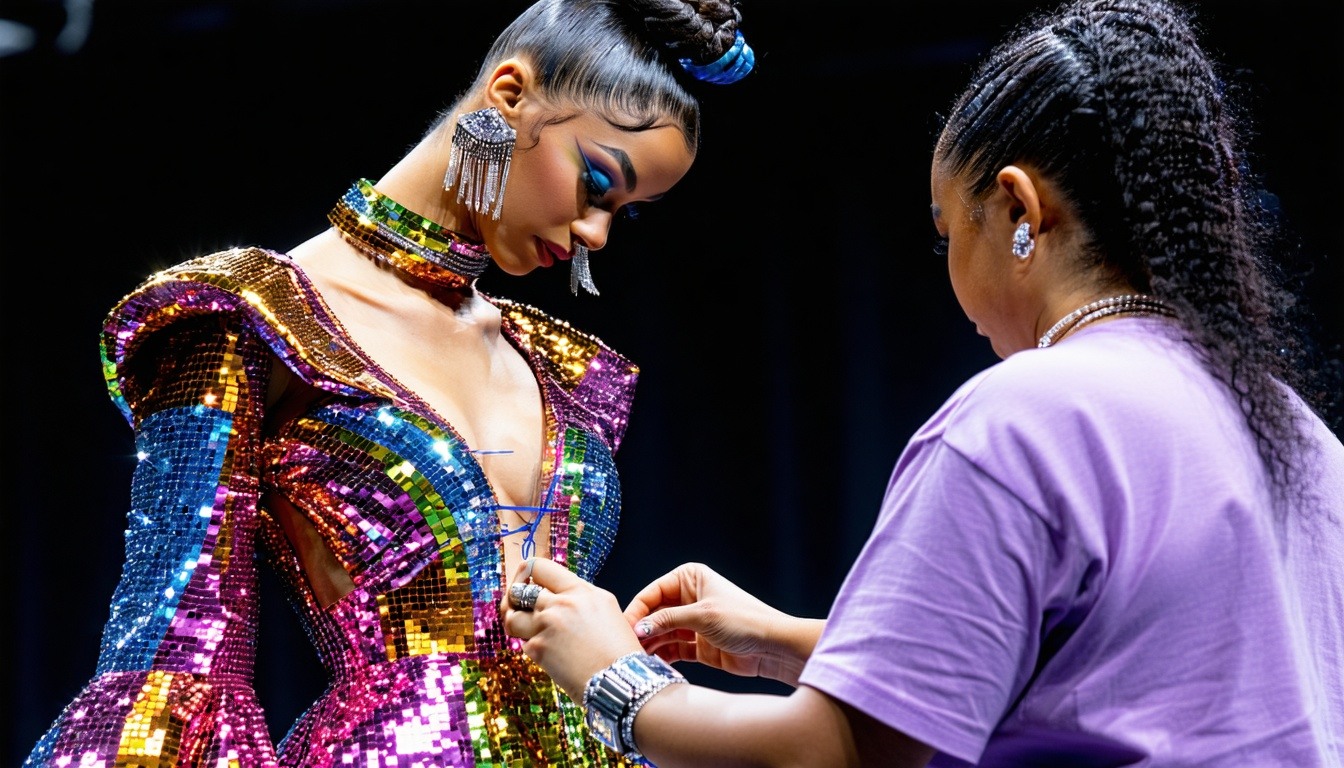 The scene captures a seamstress focused and meticulous as she expertly adjusts the fabric of a vibrant and avantgarde stage costume designed for a female hiphop artist The artist brimming with confidence stands on a raised platform her posture showca