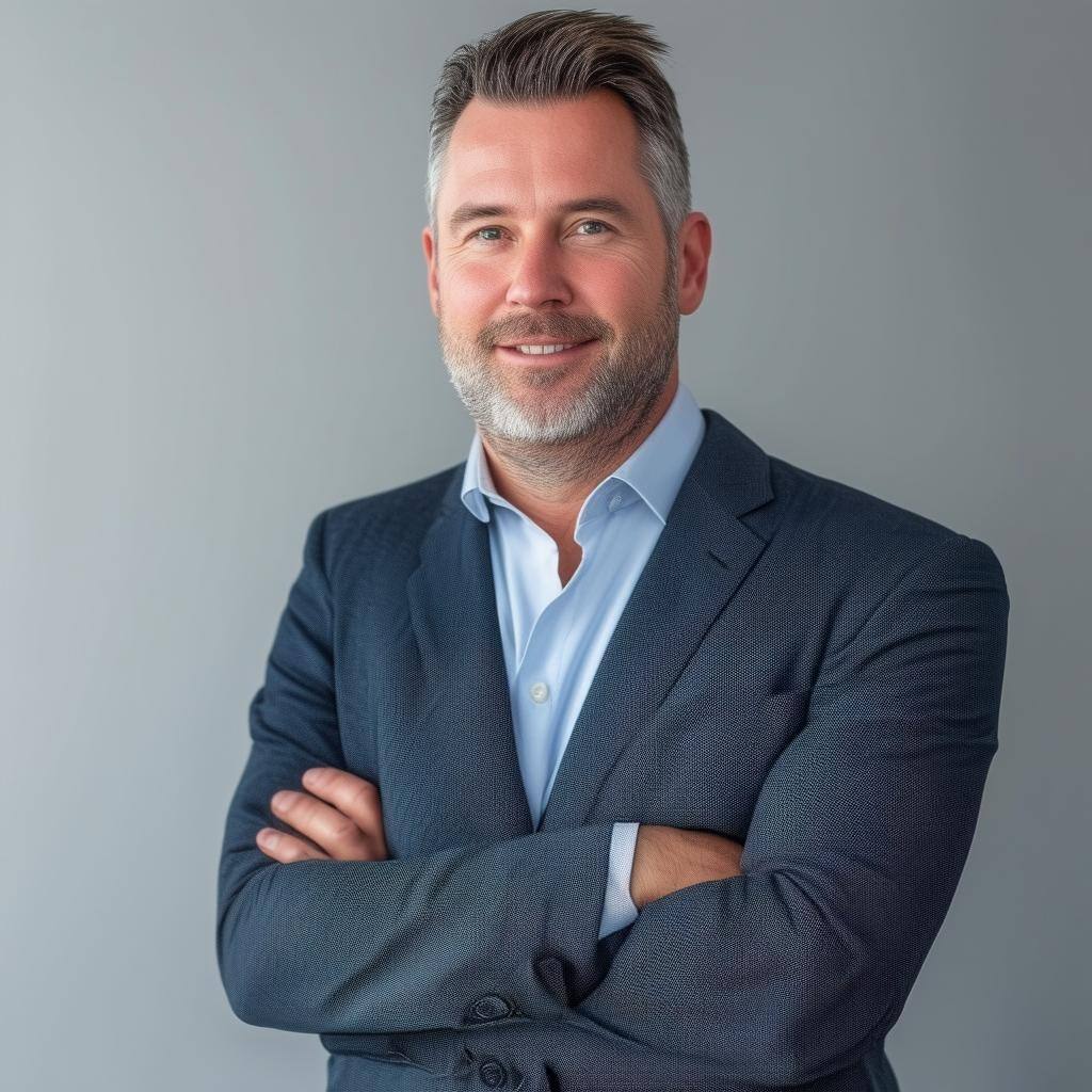 genarate a realistic photo of a white man in his mid 30s in business casual attire