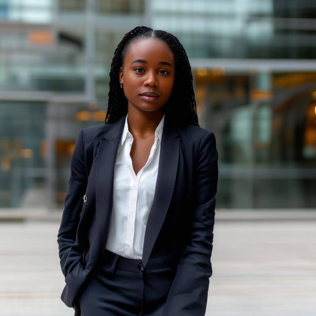 generate a biraciall black woman in her 20s in business attire